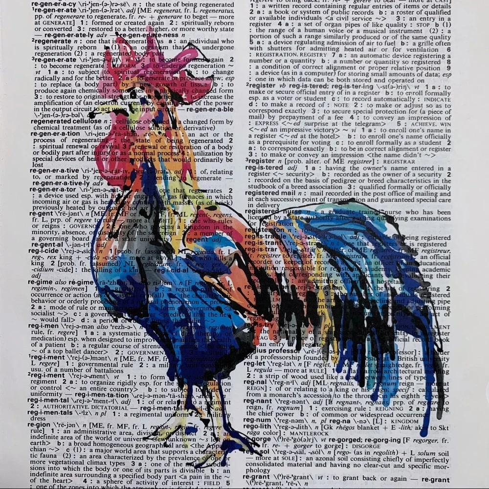 Dictionary Art Print, Rooster, Vintage Art Print, Dictionary Print